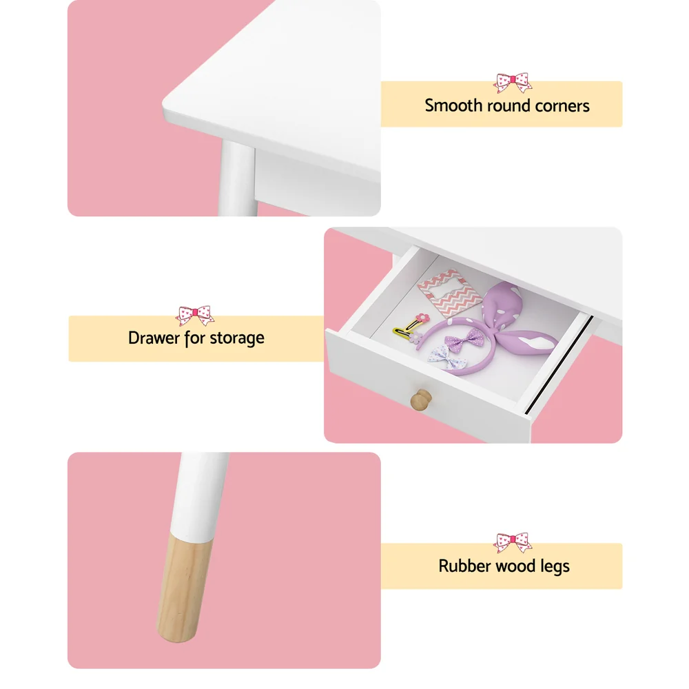Kids Dressing Table Chair Set Vanity Makeup Wooden Leg Mirror Drawer - Nurns