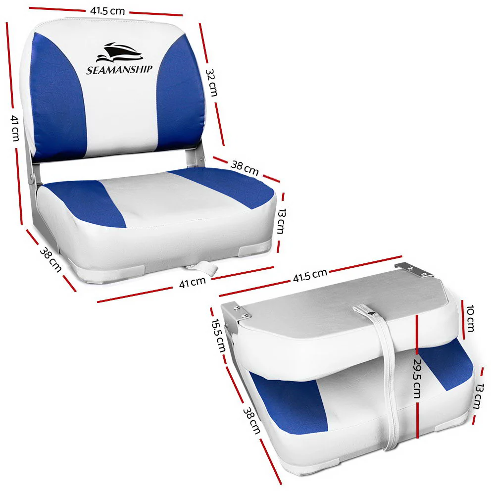 Set of 2 Folding Boat Seats Marine Swivel Low Back 13cm Padding White Blue - Nurns