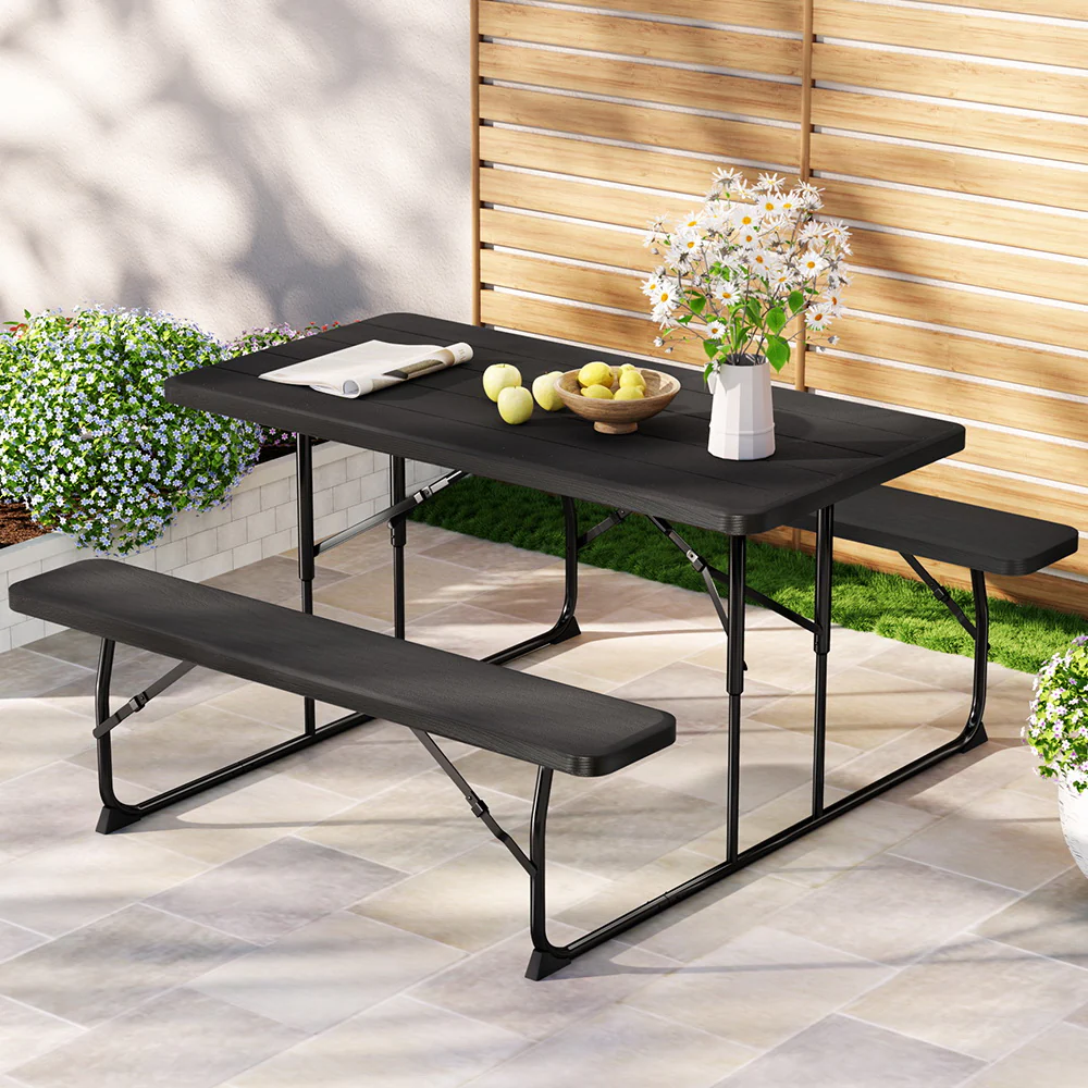 Holden 4-Seater Picnic Patio Bench Camp Folding Table 3-Piece Outdoor Dining Set - Black - Nurns