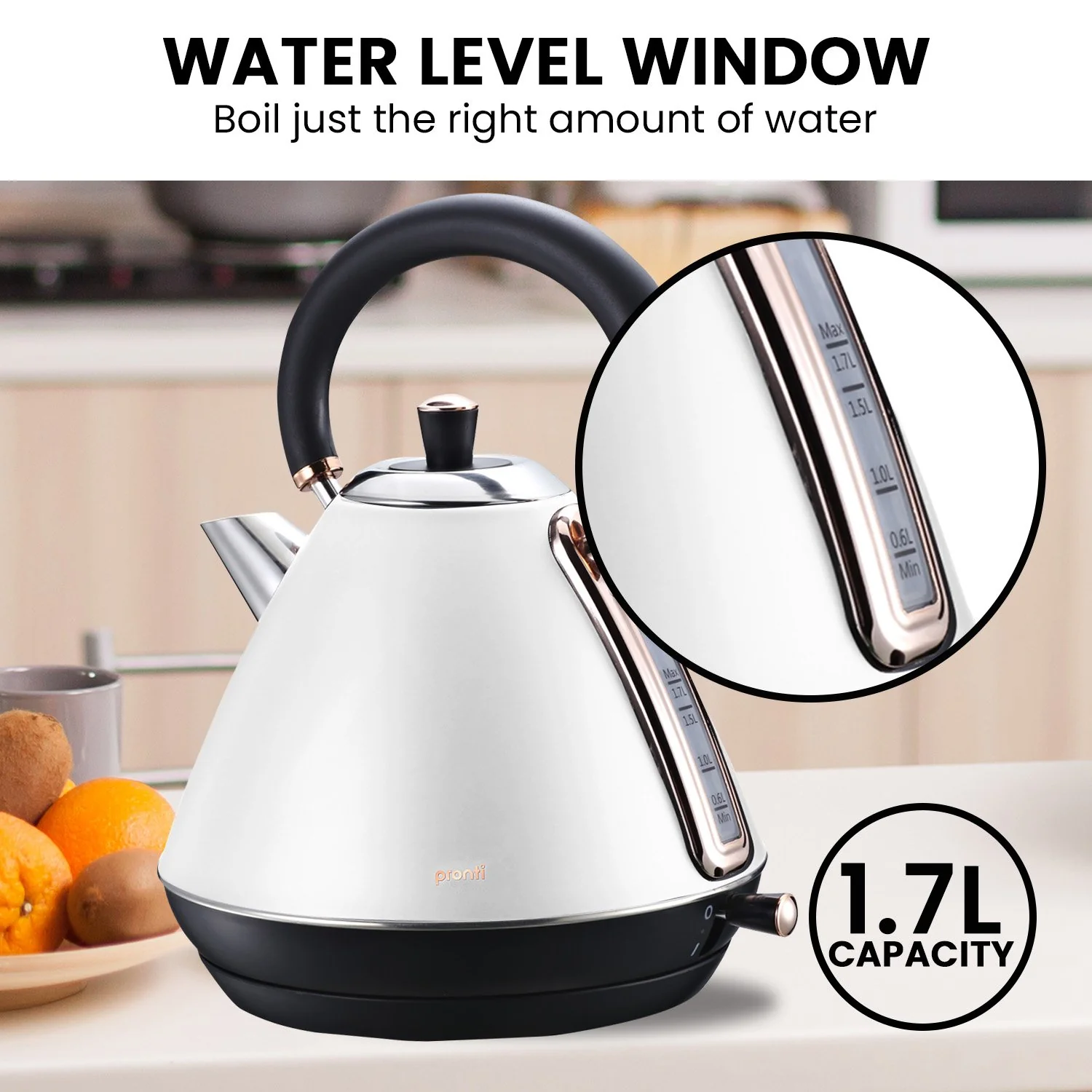 Pronti 1.7l Rose Trim Collection Kettle - White - Nurns