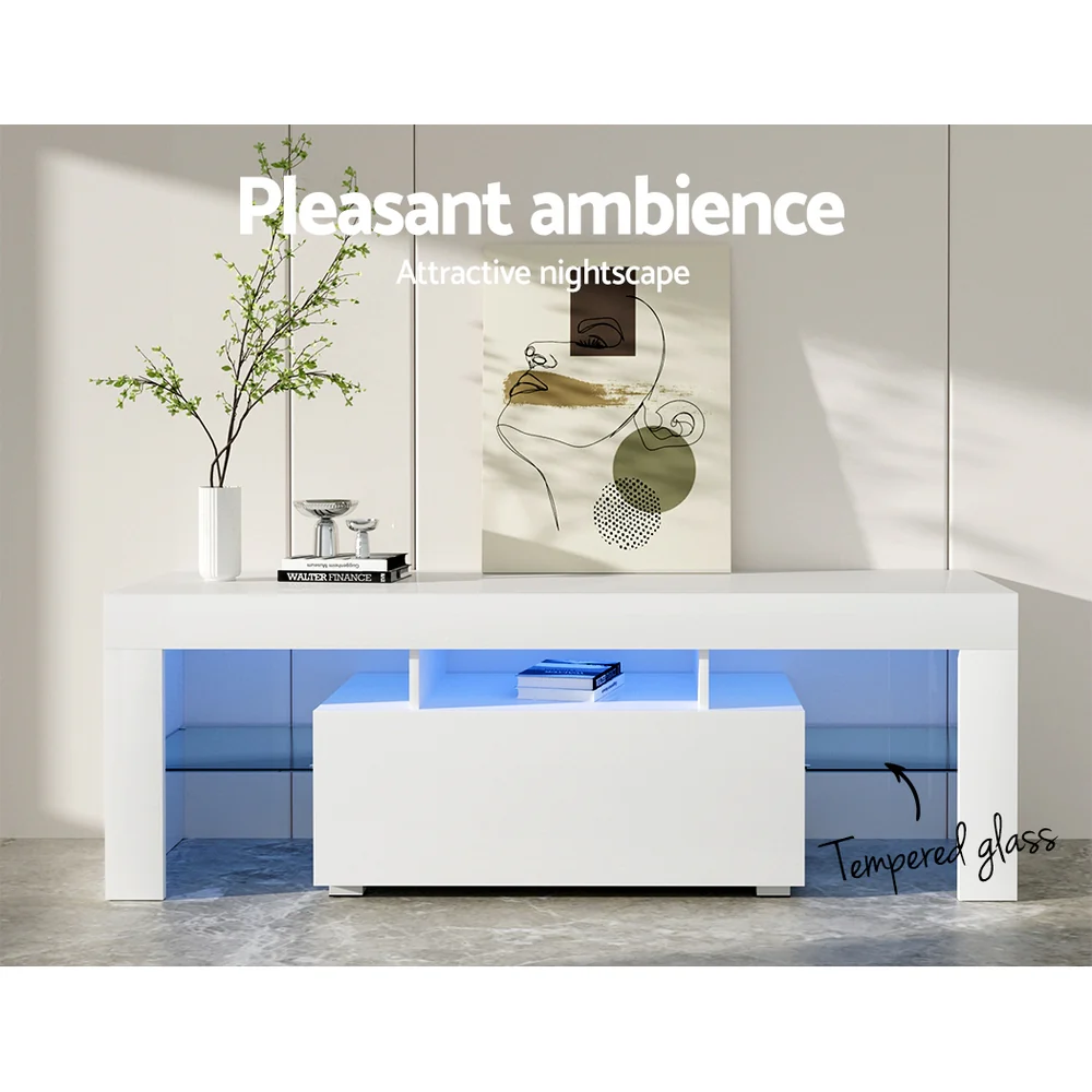 Espen 130cm TV Cabinet Entertainment Unit Stand RGB LED Gloss Furniture - White - Nurns