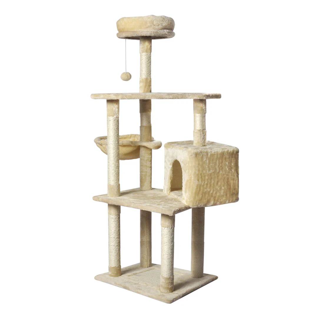 Cat Tree Toy Scratching Post Scratcher Tower Condo Wooden House Cream 130cm - Nurns