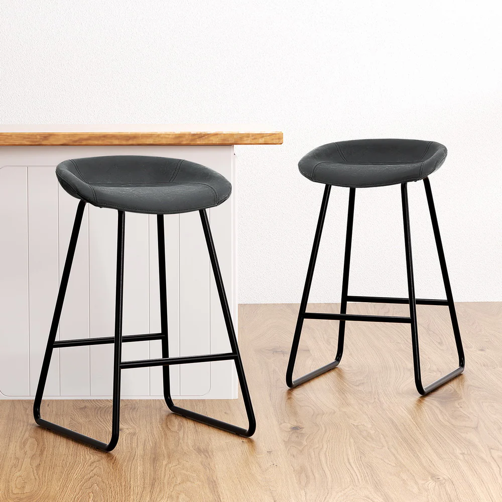 Set of 2 Caracas Bar Stools Kitchen Dining Chairs Counter Stool PU Leather Metal - Black - Nurns