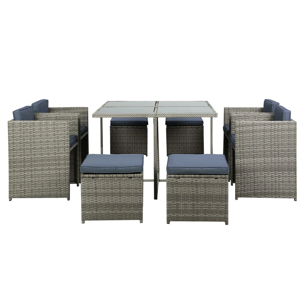 Waltham 8-Seater Table Chairs Patio Lounge Setting Furniture 9-Piece Outdoor Dining Set - Grey - Nurns