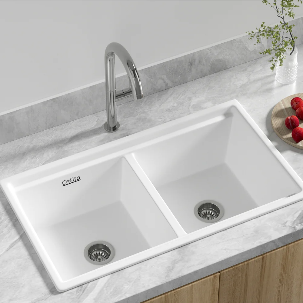 Kitchen Sink Stone Sink Granite Laundry Basin Double Bowl 79cmx46cm - White - Nurns