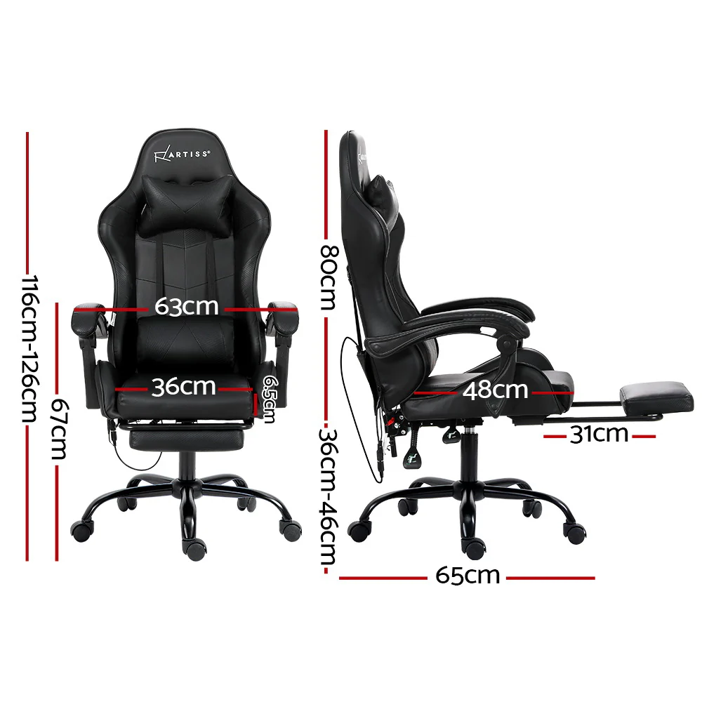 Artiss 6 Point Massage Gaming Office Chair Footrest Black - Nurns