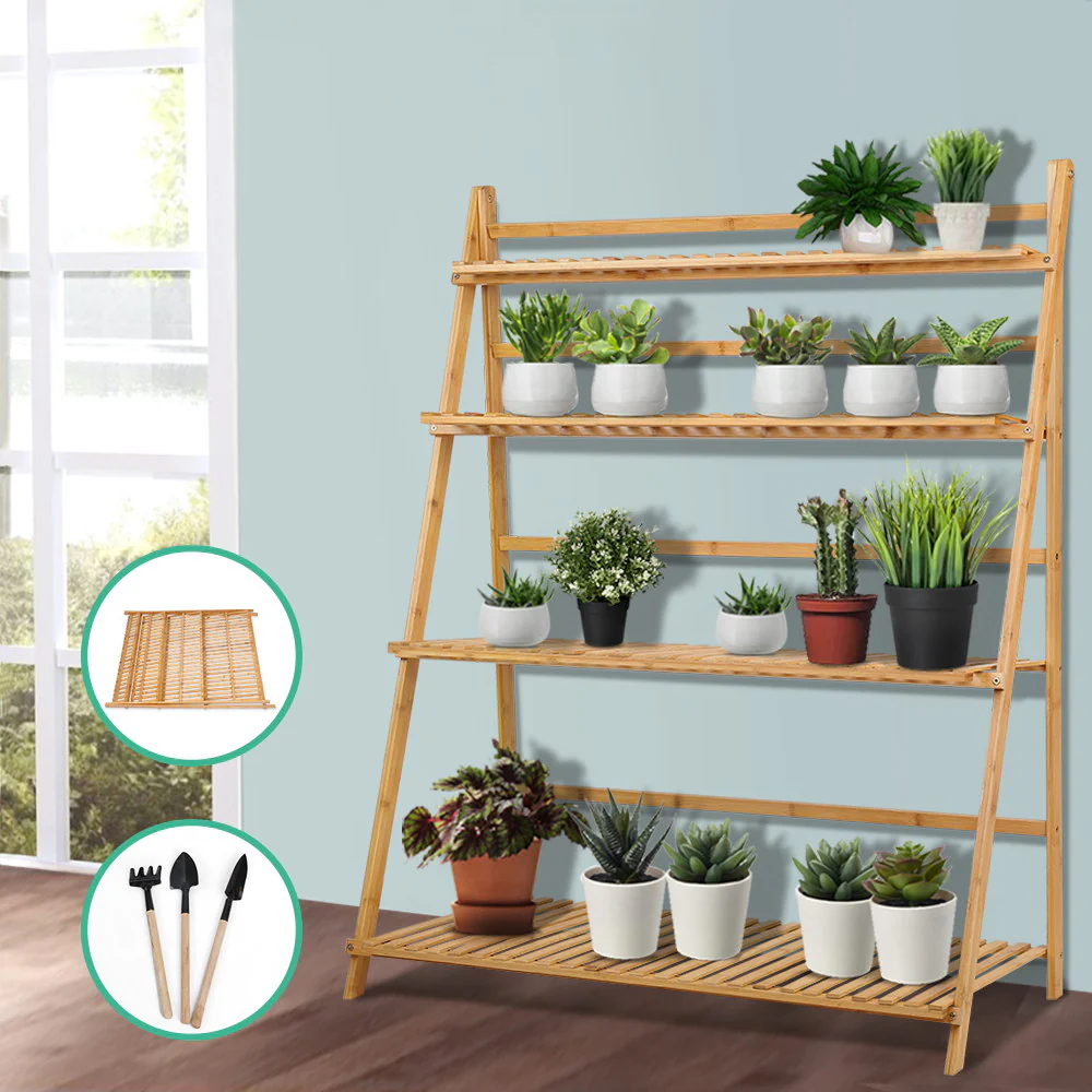 Bamboo Wooden Ladder Shelf Plant Stand Foldable - Nurns