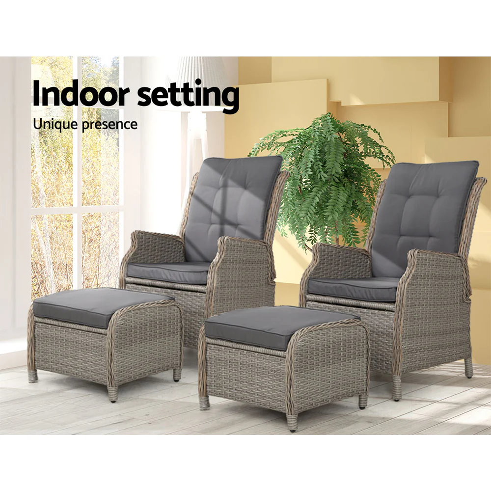 Yeovil Set of 2 Recliner Chair Outdoor Furniture Setting Patio Wicker Sofa Chair and Ottoman - Grey - Nurns