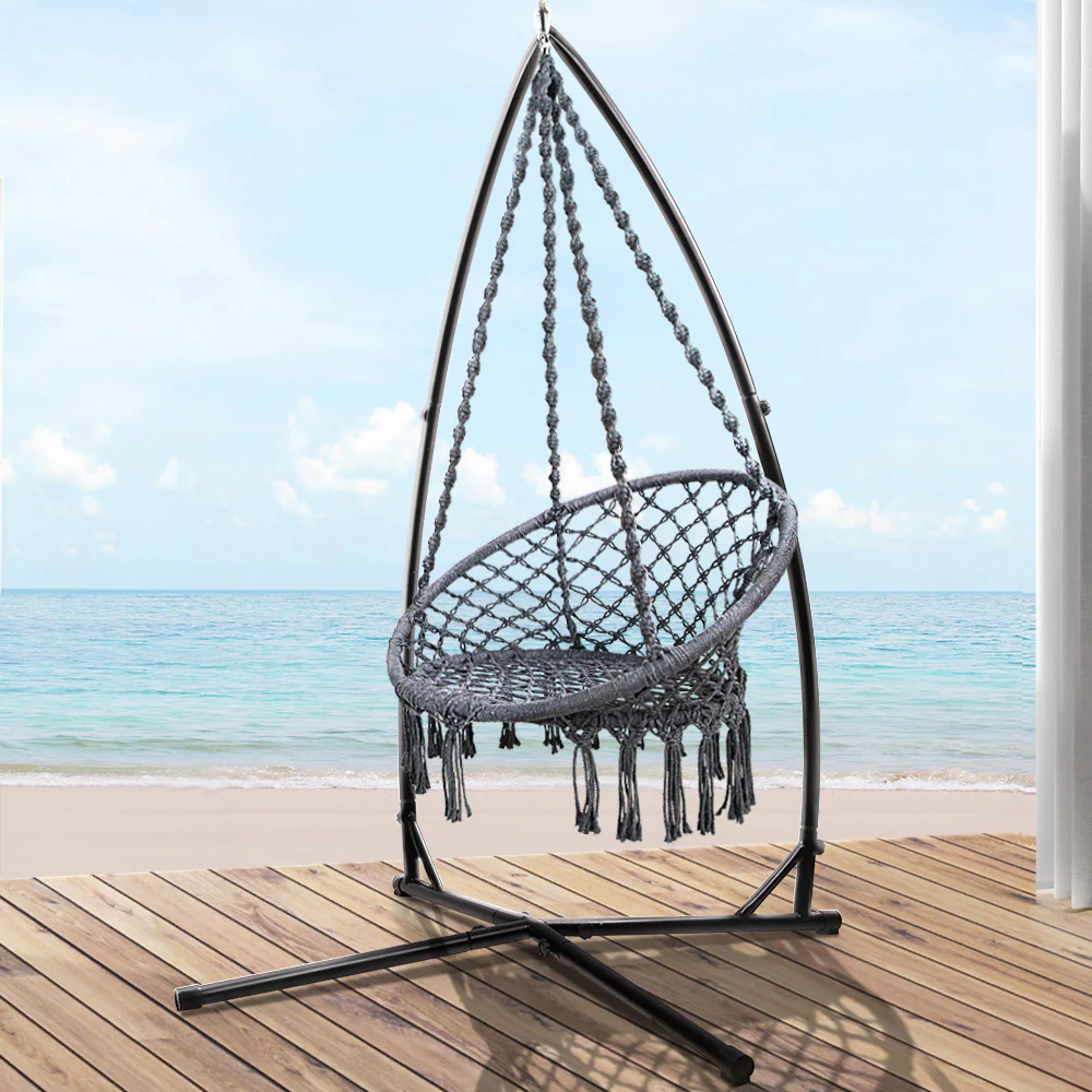 Hammock Chair with Steel Stand Macrame Outdoor Swinging - Grey - Nurns