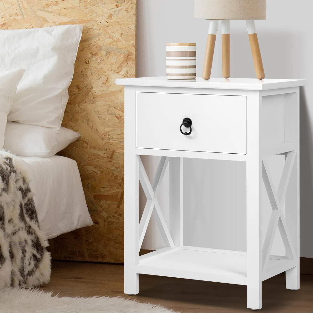 Set of 2 Bonavista Wood Bedside Tables Nightstand Lamp Chest Unit Cabinet - White - Nurns