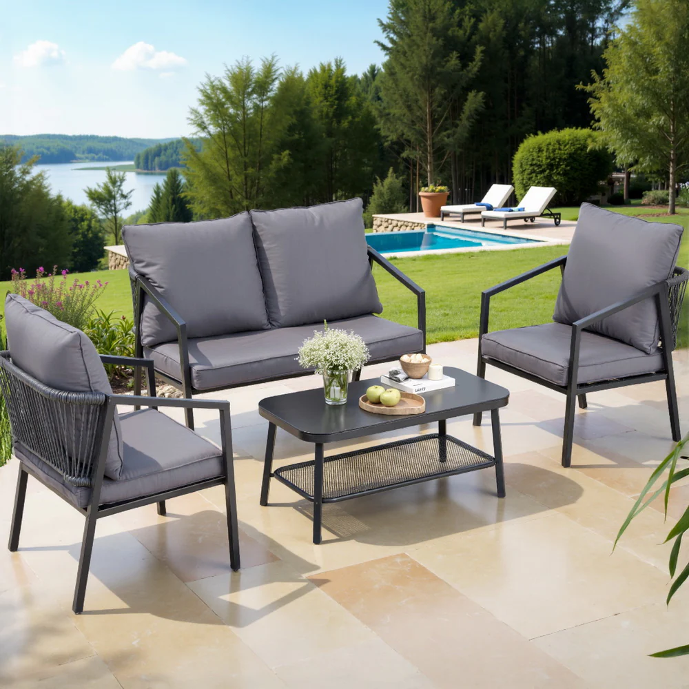 Tavian 4-Seater Table Chair Setting Patio Furniture 4-Piece Outdoor Sofa Set - Grey - Nurns