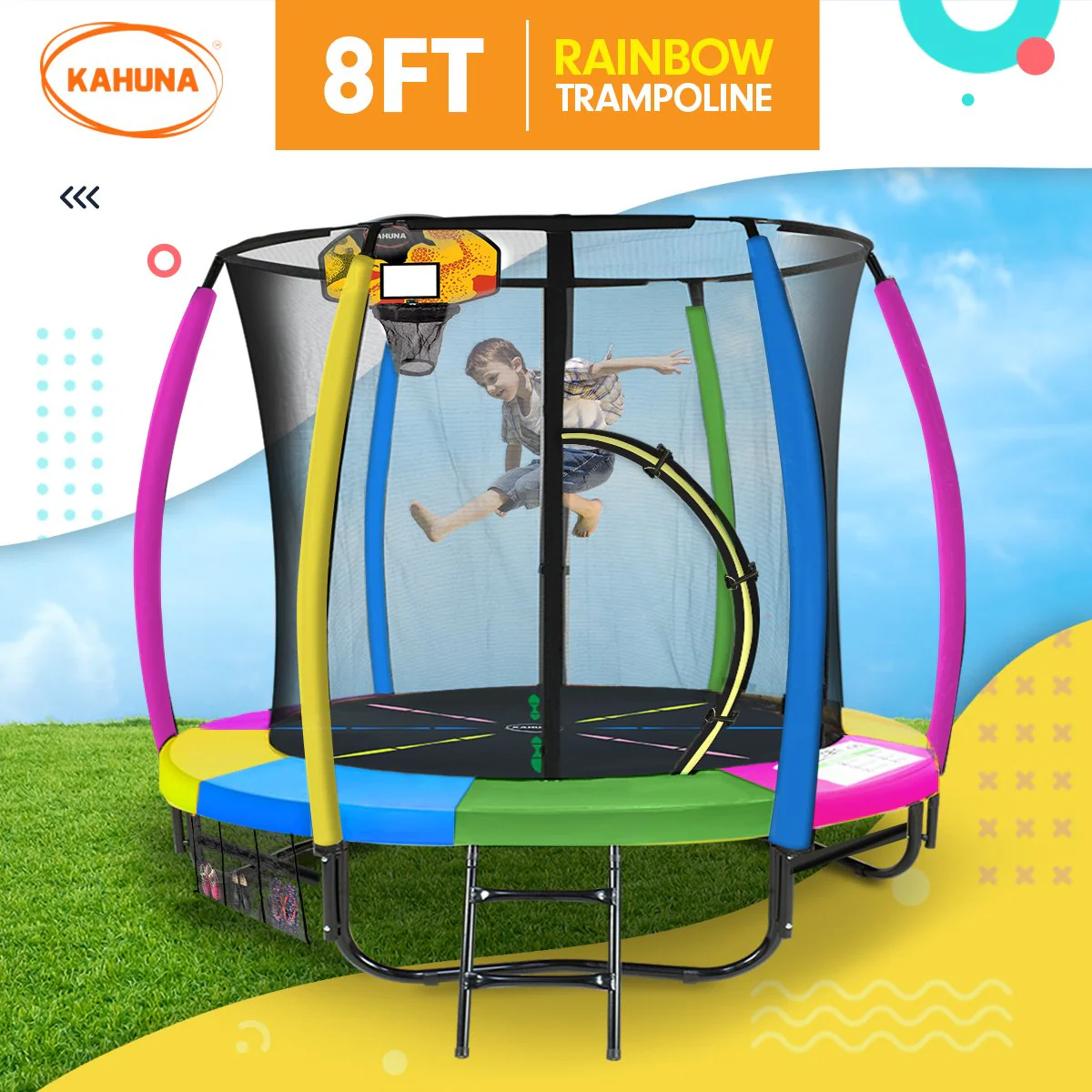 Kahuna Trampoline for Kids 8FT Outdoor Children with Safety Enclosure Mat Pad Net Ladder Basketball Hoop Set - Rainbow - Nurns