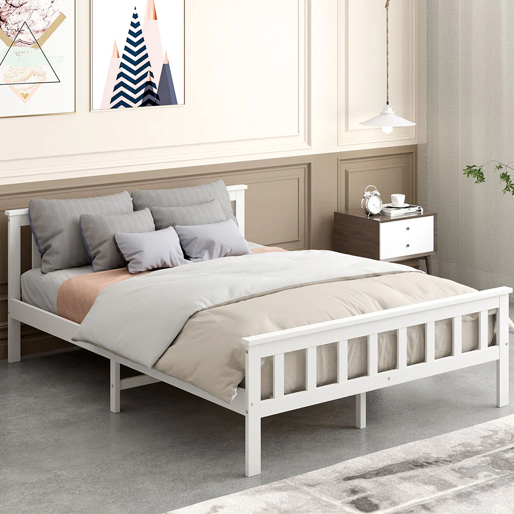 Mia Wooden Bed Frame Base Solid Timber Pine Wood White - Double - Nurns