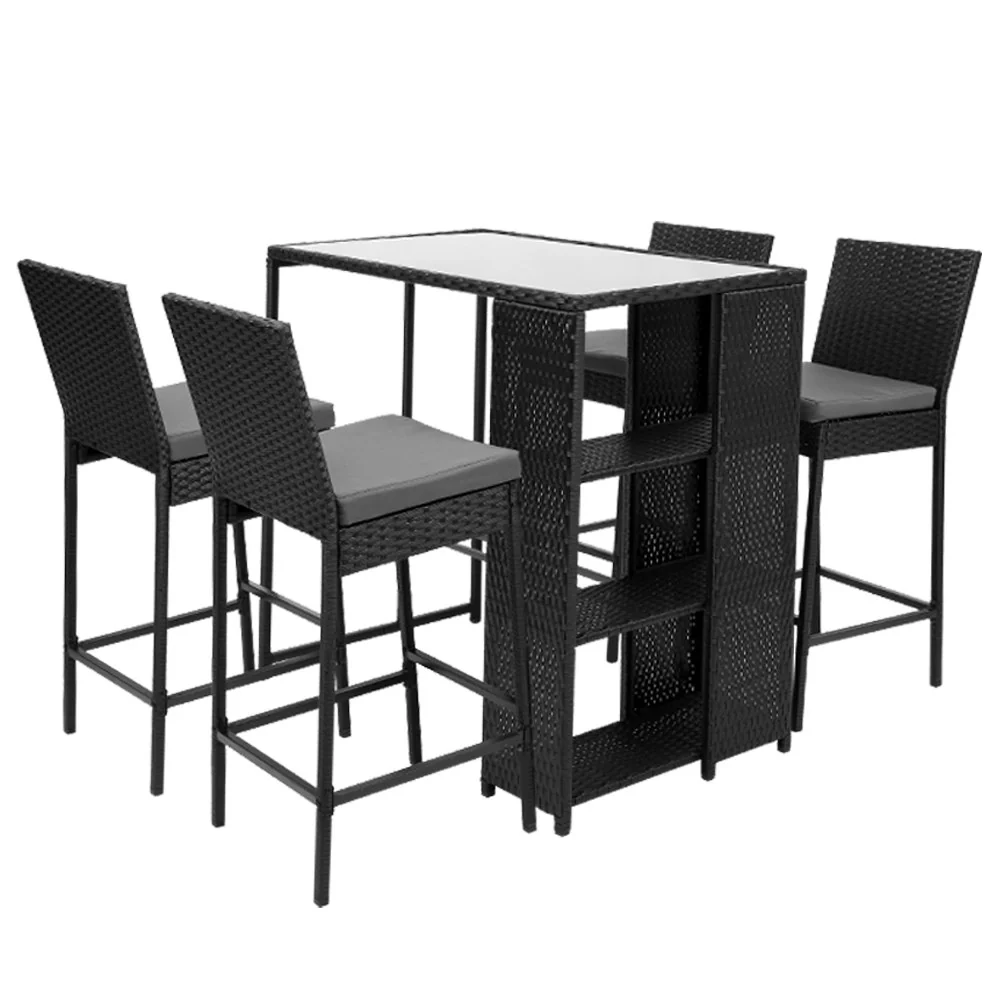 Mark 4-Seater Table Stools Furniture Chairs Wicker Patio Garden 5-Piece Outdoor Bar Set - Black - Nurns
