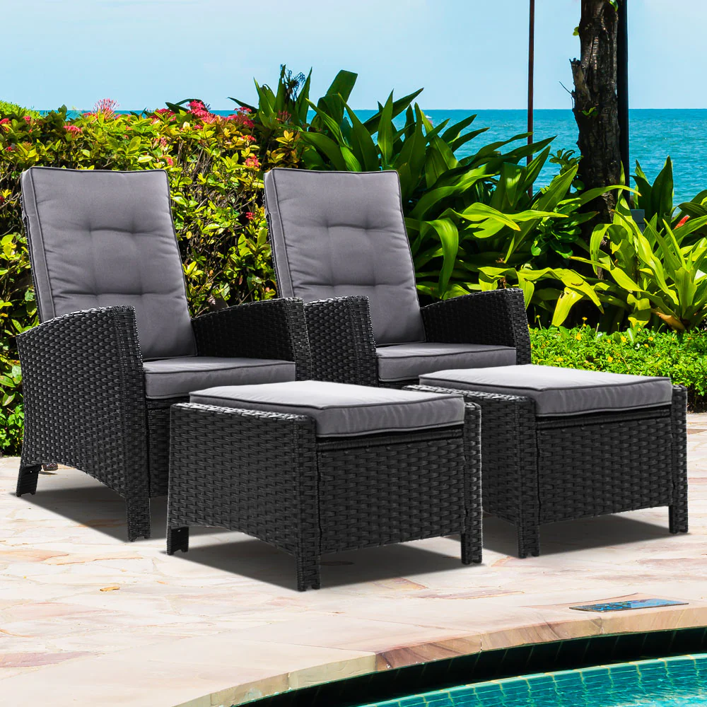 Dursley Set of 2 Recliner Chair Outdoor Furniture Setting Patio Wicker Sofa Chair and Ottoman - Black - Nurns