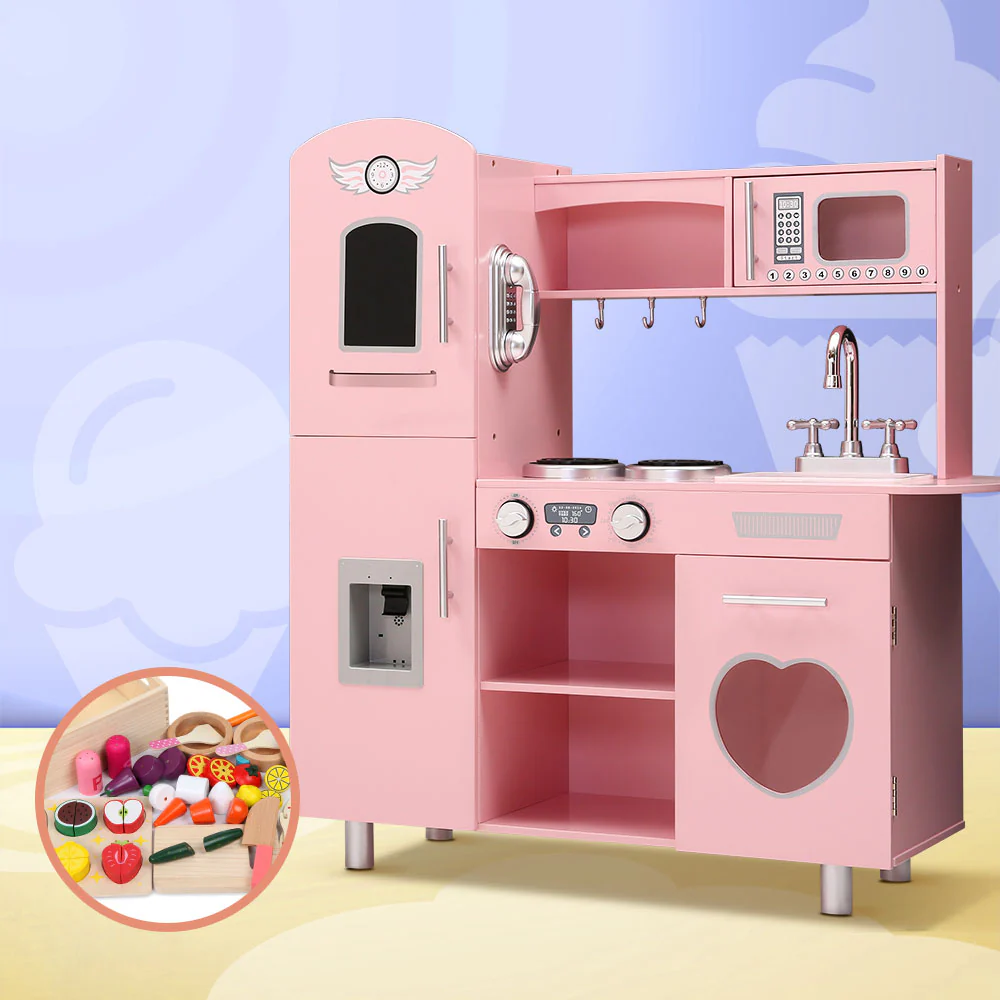 Kids Wooden Kitchen Pretend Play Sets Food Cooking Toys Children Pink - Nurns