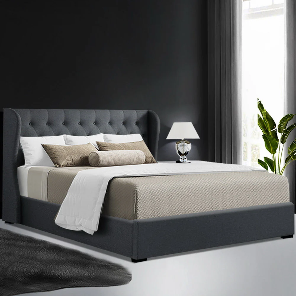 Lucca Bed Frame Fabric Gas Lift Storage - Charcoal Queen - Nurns