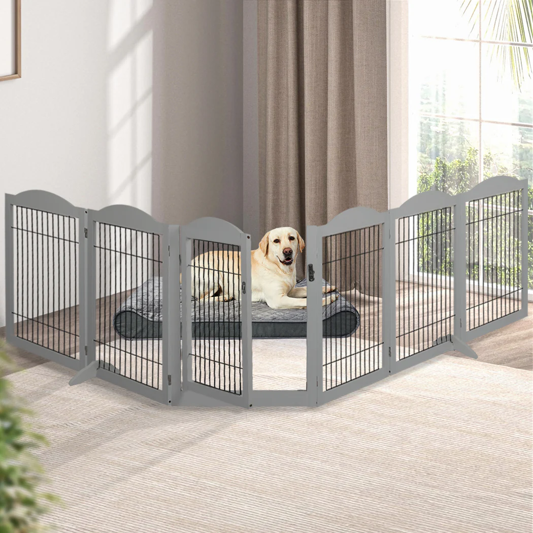 6 Panels Pet Dog Playpen Puppy Exercise Cage Enclosure Fence Indoor Grey - Grey - Nurns