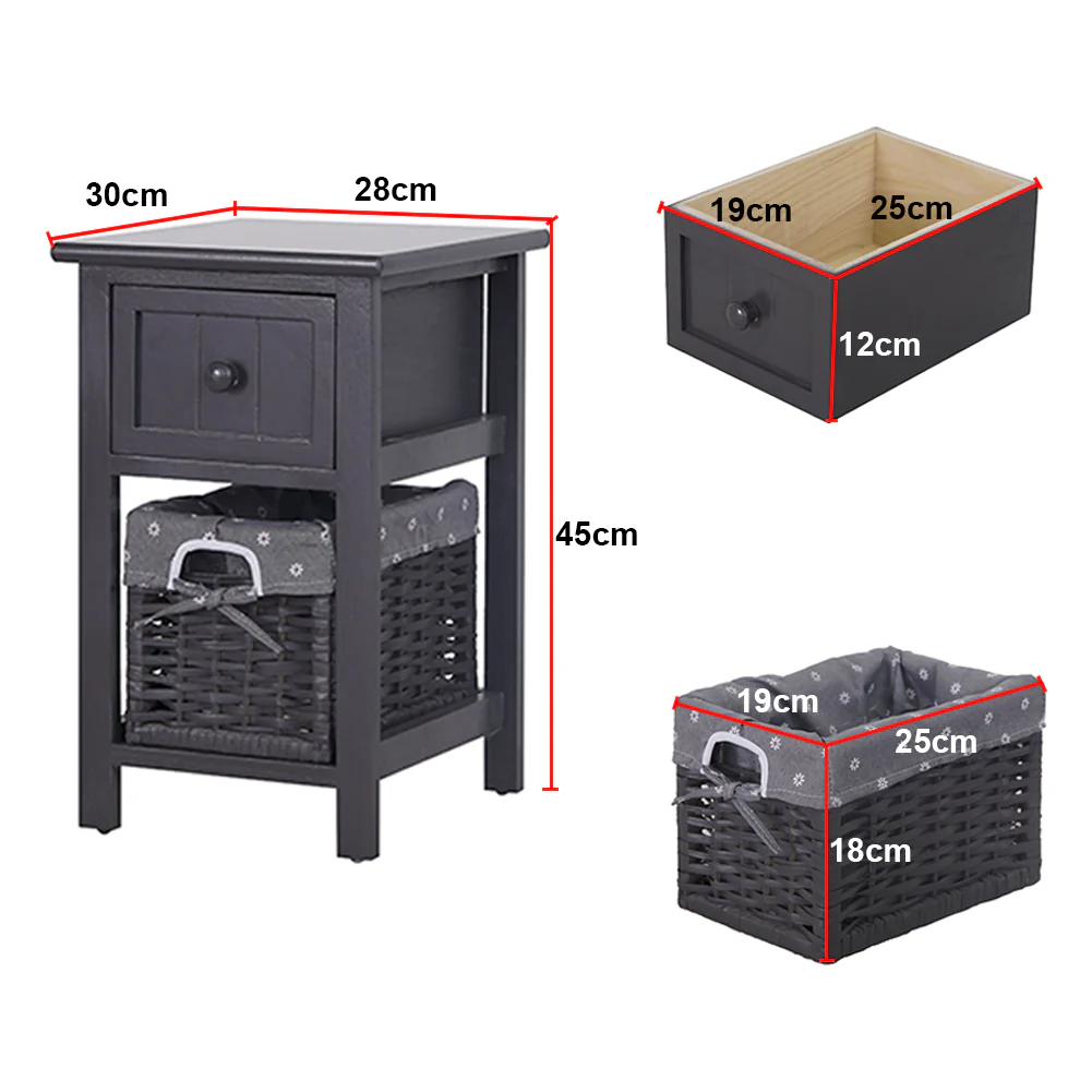 Belleville Wooden Bedside Tables with Wicker Basket - Grey - Nurns