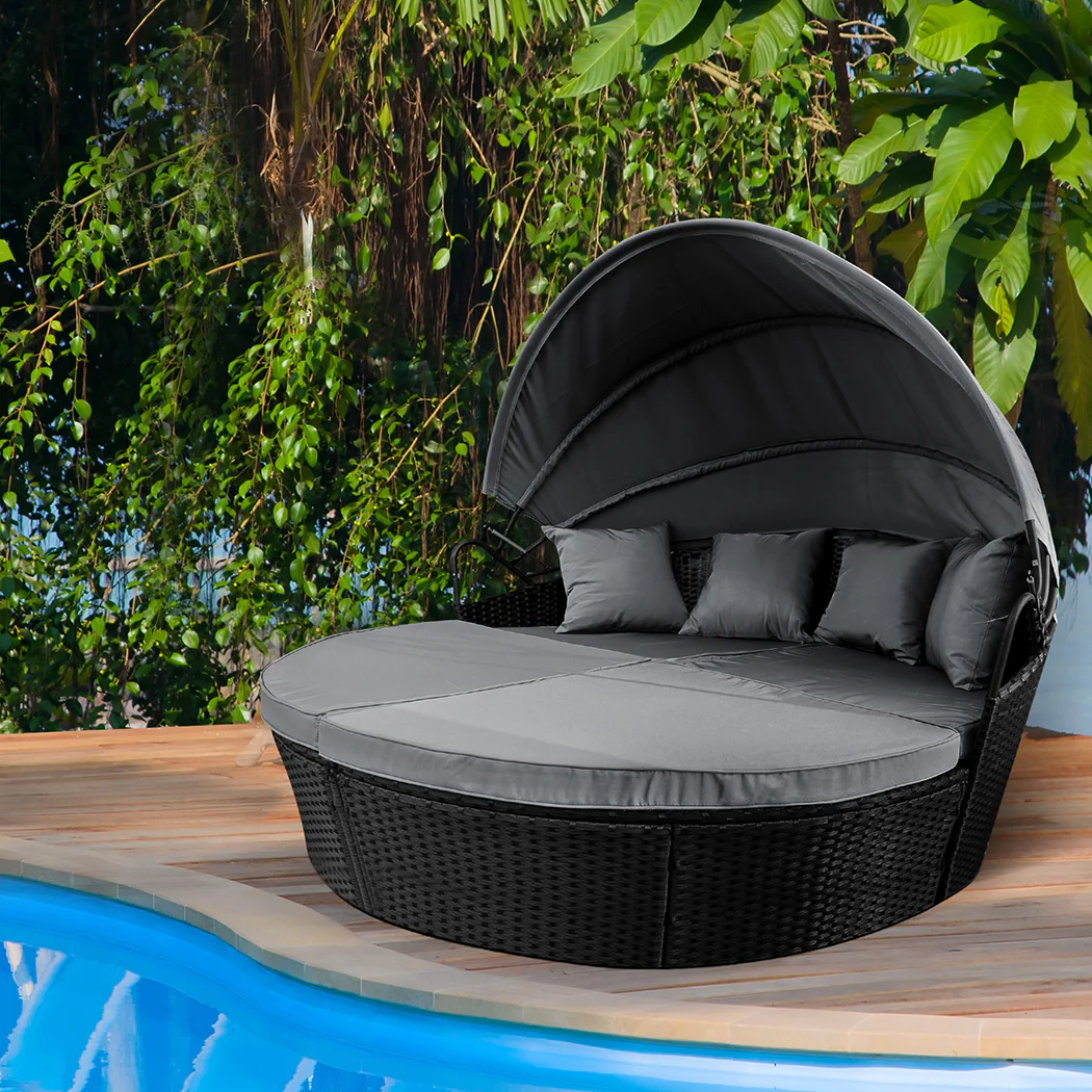 Amelie Day Bed Sofa Daybed Outdoor Garden Sun Lounge Furniture Wicker Round with Grey Cushion - Black - Nurns