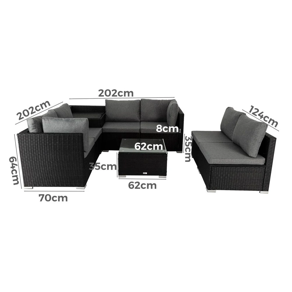 Spencer 7-Seater Furniture Modular Lounge Sofa 8-Piece Outdoor Sofa - Black - Nurns
