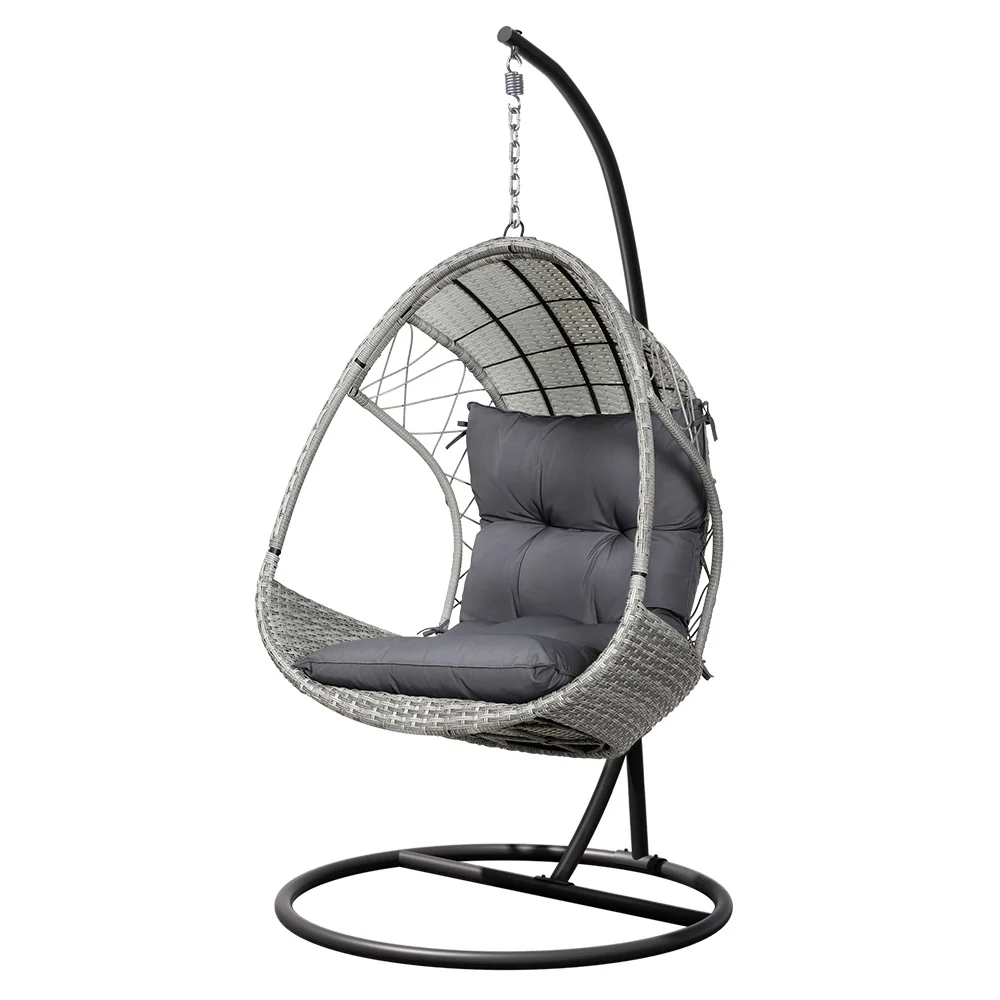 Layla Outdoor Egg Swing Chair with Stand Cushion Wicker Armrest - Light Grey - Nurns