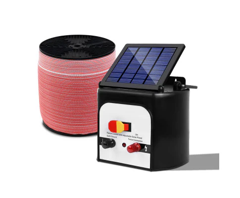 Electric Fence Energiser 8km Solar Powered Energizer Charger + 1200m Tape - Nurns