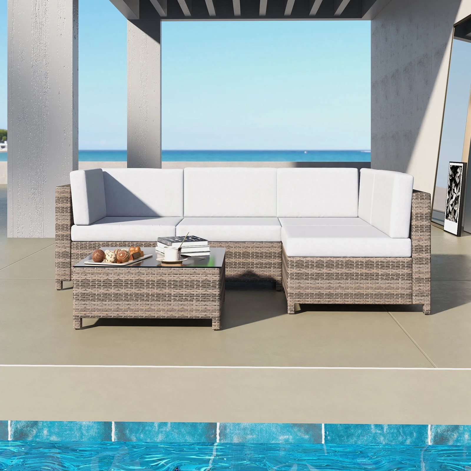 Thrapston 4-Seater Rattan Set 5-Piece Outdoor Sofa - Oatmeal - Nurns