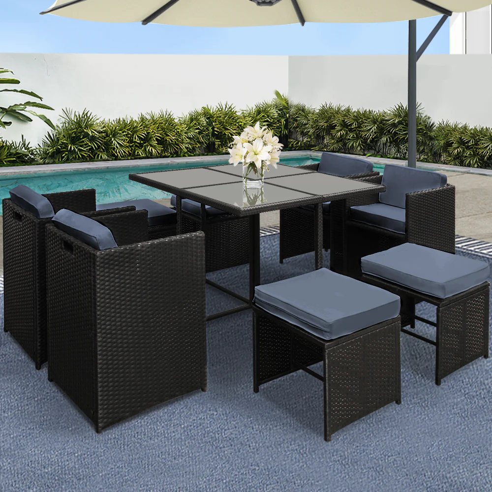 Corbridge 8-Seater Wicker 9-Piece Outdoor Dining Set - Black - Nurns