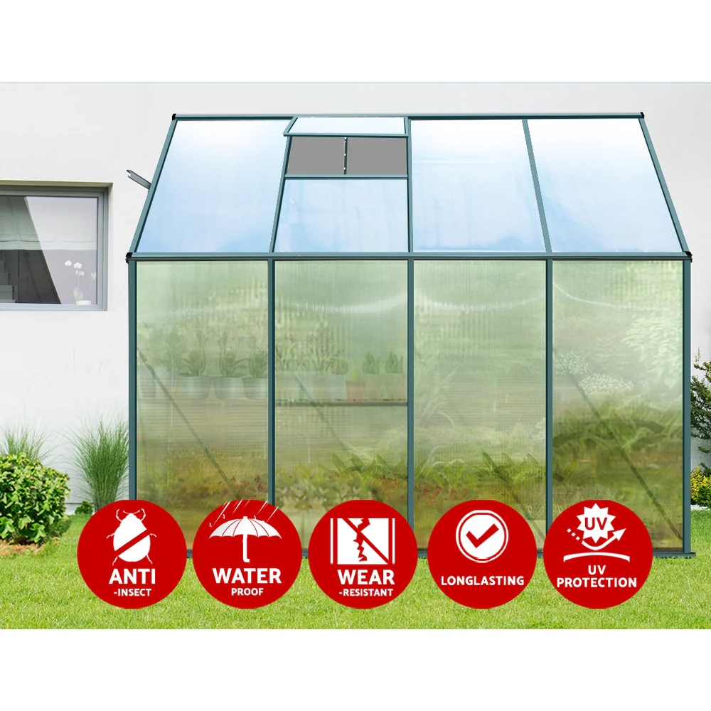 Greenfingers Greenhouse 2.52x1.27x2.13M Lean-to Aluminium Polycarbonate Green House Garden Shed - Nurns