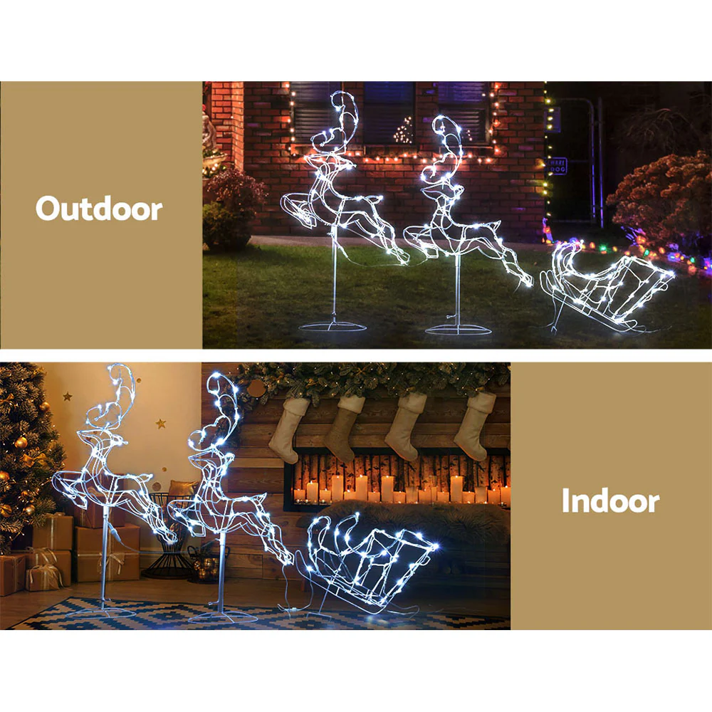 Christmas Lights Reindeer Sleigh 120 LED Decorations - Nurns