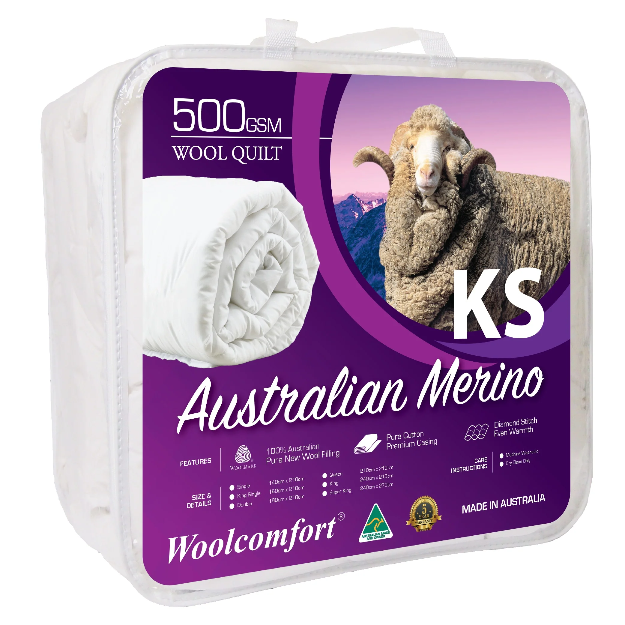 King Single Woolcomfort AUS Made Merino Wool Quilt 500GSM 160x210cm - Nurns