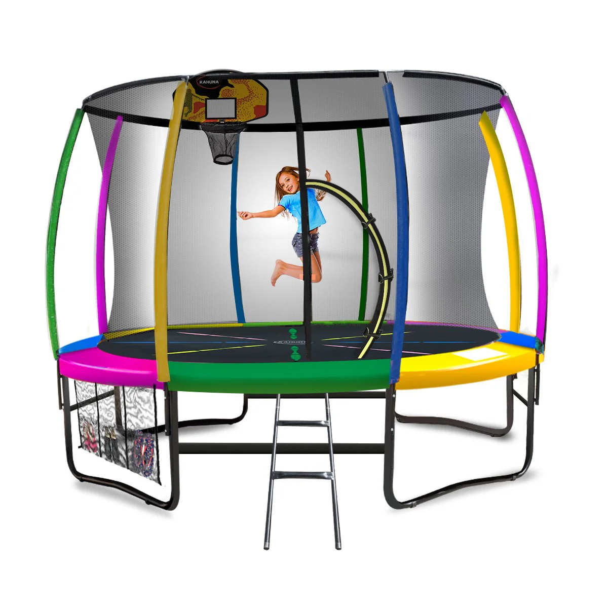 Kahuna Trampoline for Kids 14FT Outdoor Children with Safety Enclosure Pad Mat Ladder Basketball Hoop Set - Rainbow - Nurns