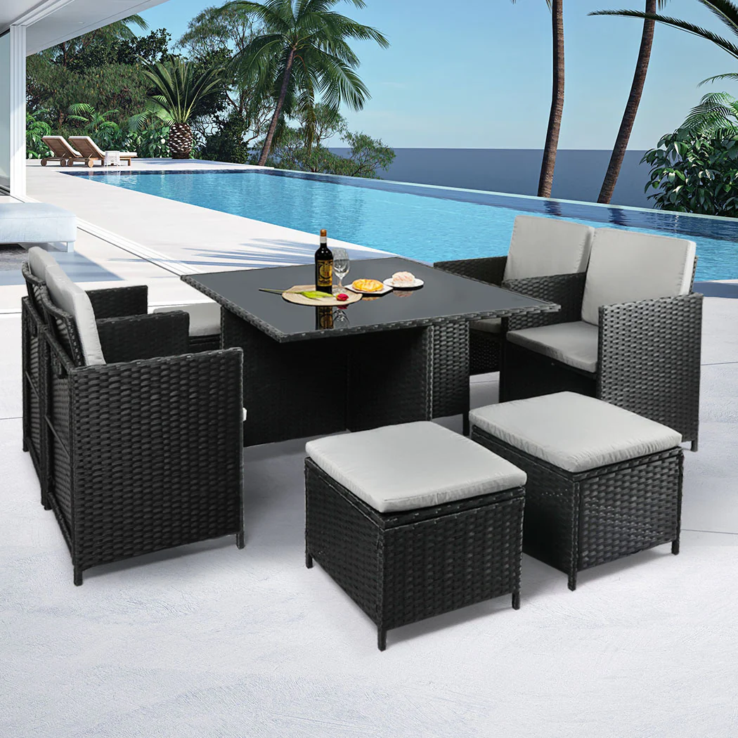 Jack 8-Seater Patio Furniture Dining Garden Lounge 9-Piece Outdoor Table And Chair Set - Black - Nurns
