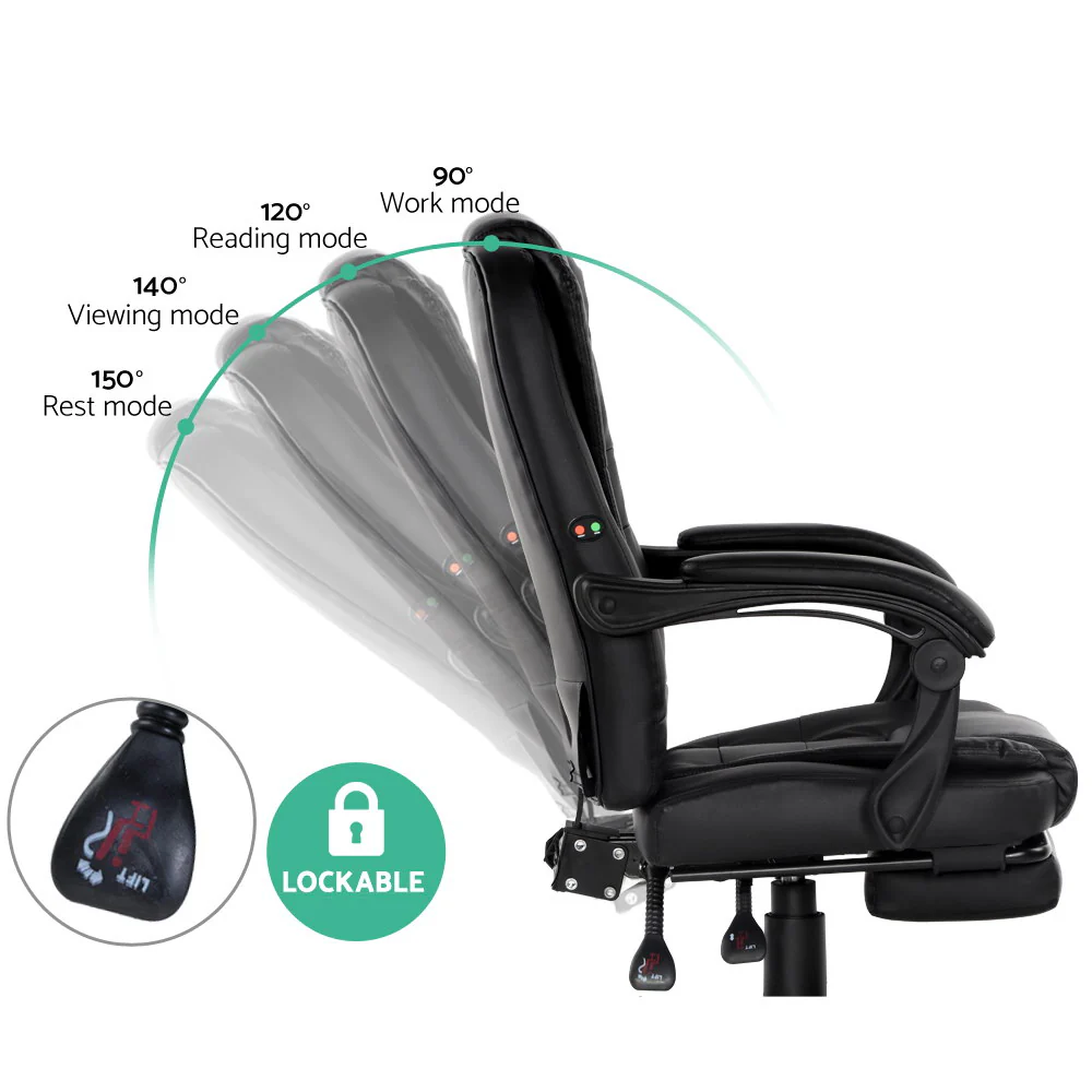 Artiss 2 Point Massage Office Chair Pu Leather Footrest Black - Nurns