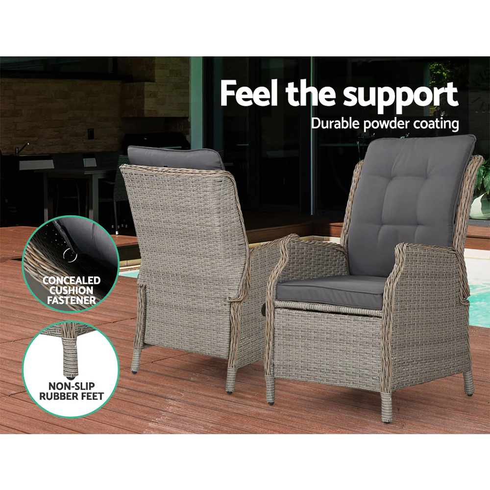 Yeovil Set of 2 Recliner Chair Outdoor Furniture Setting Patio Wicker Sofa Chair and Ottoman - Grey - Nurns