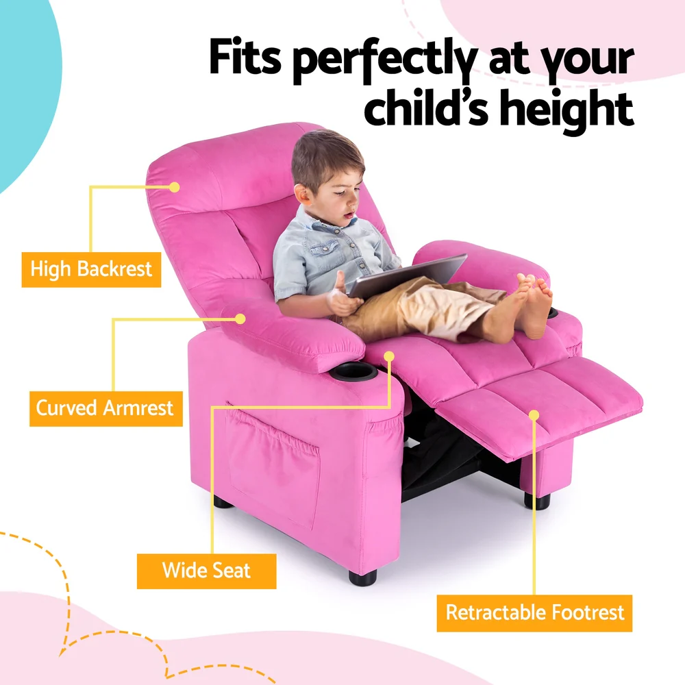 Pippa Kids Recliner Chair Velvet Sofa Lounge Couch Children Chairs Armchair - Pink - Nurns