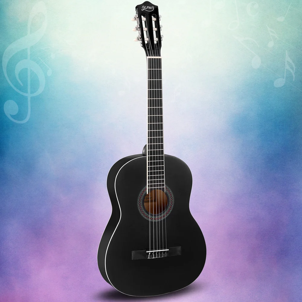 Alpha 39 Inch Classical Guitar Wooden Body Nylon String Beginner Gift Black - Nurns
