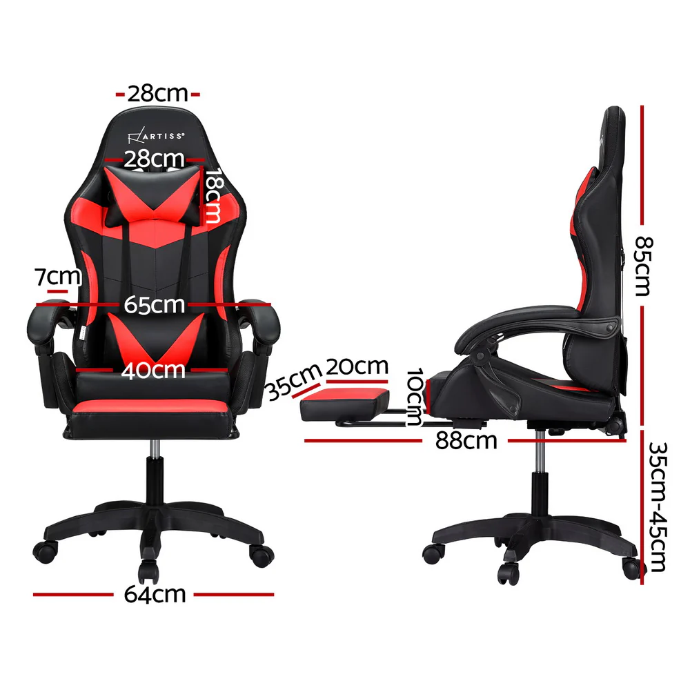 Artiss 6 Point Massage Gaming Office Chair 7 LED Footrest Red - Nurns