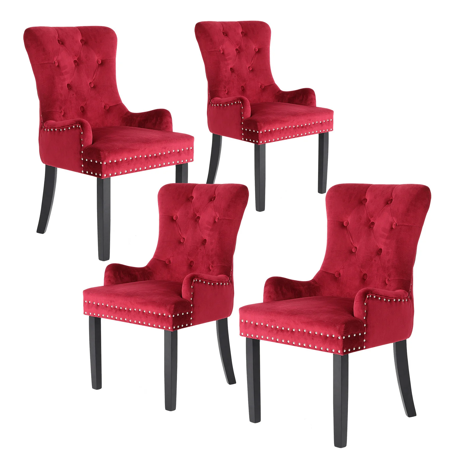 Arabella Set of 4 French Provincial Dining Chair Ring Studded Velvet Rubberwood Leg - Bordeaux Red - Nurns