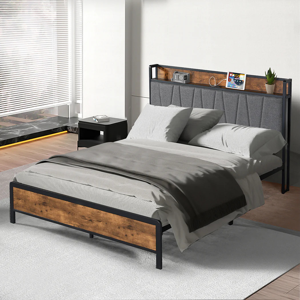 Eras Bed Frame Tufted Headboard USB Charge - Wood & Black Queen - Nurns