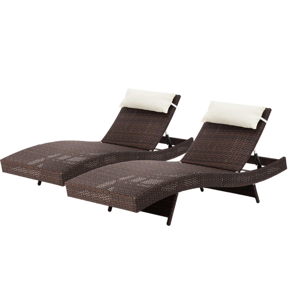 Travis Set of 2 Outdoor Sun Lounge Wicker Chair without Armrest - Brown - Nurns