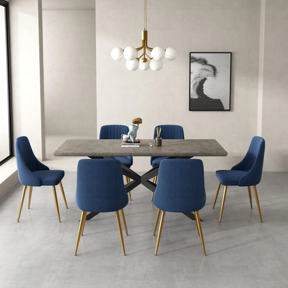 6-Piece Dario Navy Dining Table & Chair Set Rectangular Velvet Banquet - Nurns