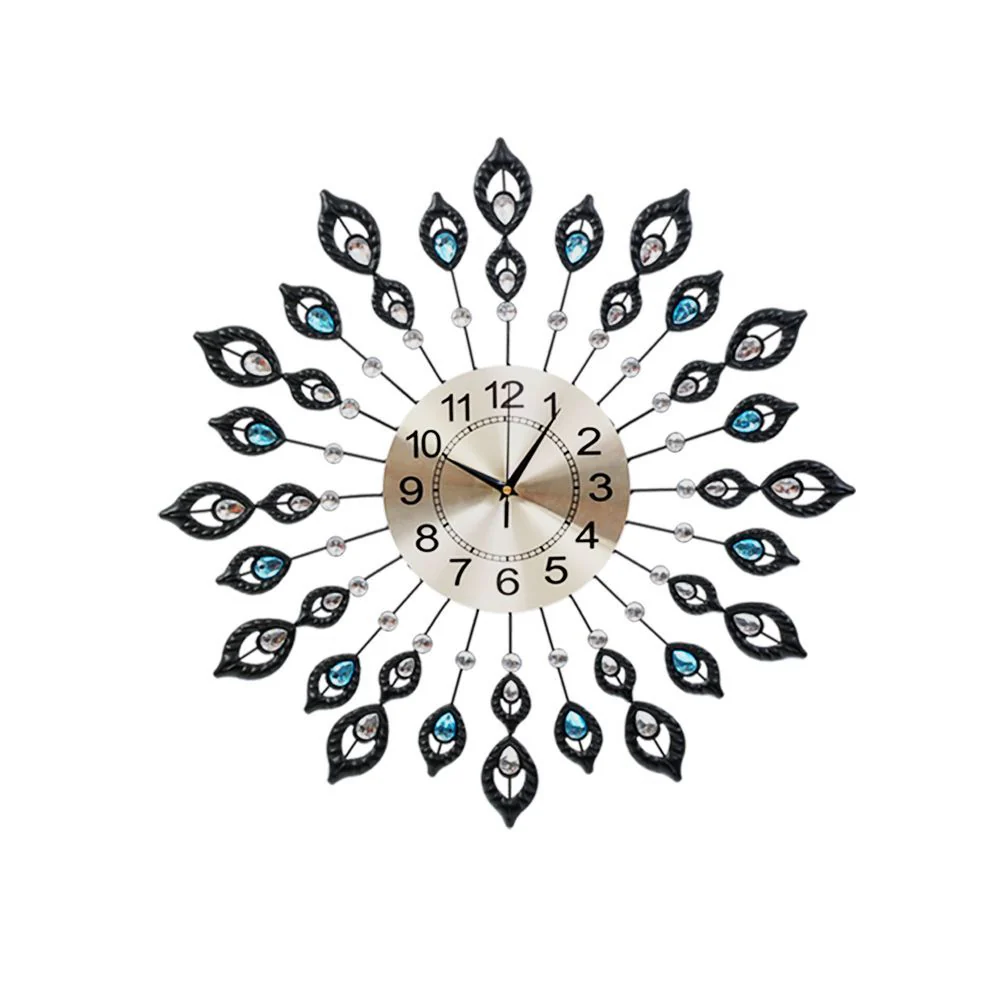 60CM Peacock Wall Clock Large 3D Modern Crystal Luxury Round Wall Clocks Home Decor Black - Nurns