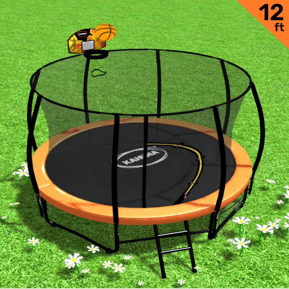Kahuna Trampoline for Kids 12FT Outdoor Children with Safety Enclosure Pad Mat Ladder Basketball Hoop Set - Orange - Nurns