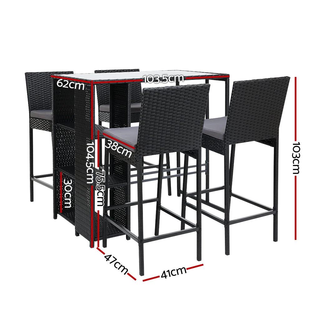Mark 4-Seater Table Stools Furniture Chairs Wicker Patio Garden 5-Piece Outdoor Bar Set - Black - Nurns