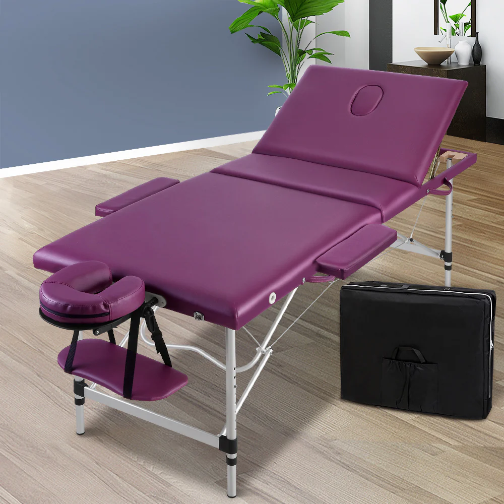 Massage Table 75cm 3 Fold Aluminium Beauty Bed Portable Therapy Violet - Nurns
