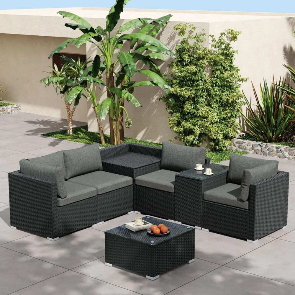 Quincy 6-Seater Wicker Loveseat 7-Piece Outdoor Wicker with Storage Cover - Black - Nurns