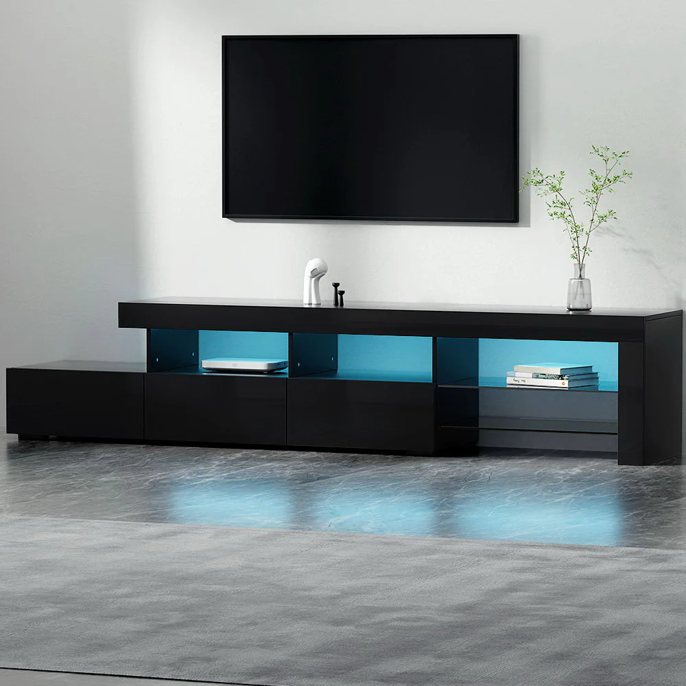 Trina 215cm TV Cabinet Entertainment Unit Stand RGB LED Gloss Furniture - Black - Nurns