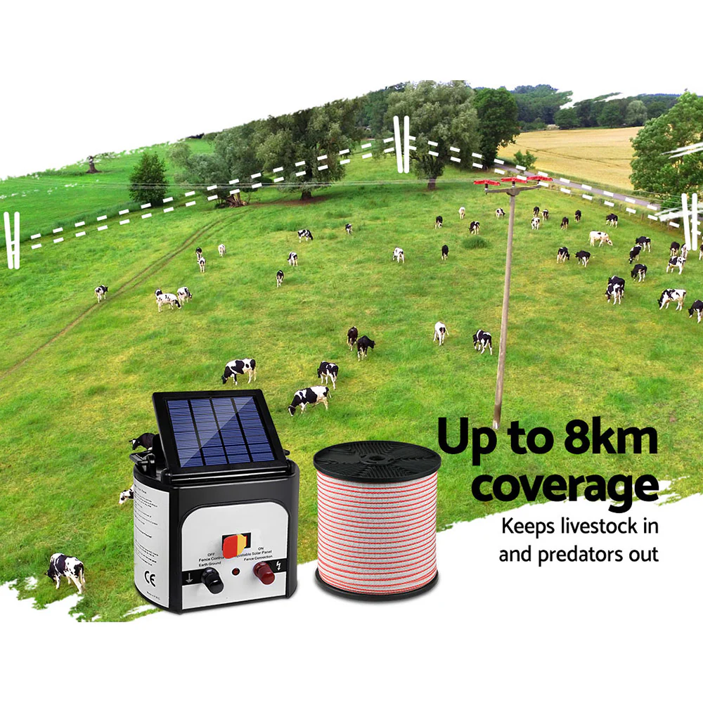 8km Solar Electric Fence Energiser Charger with 400M Tape and 25pcs Insulators - Nurns